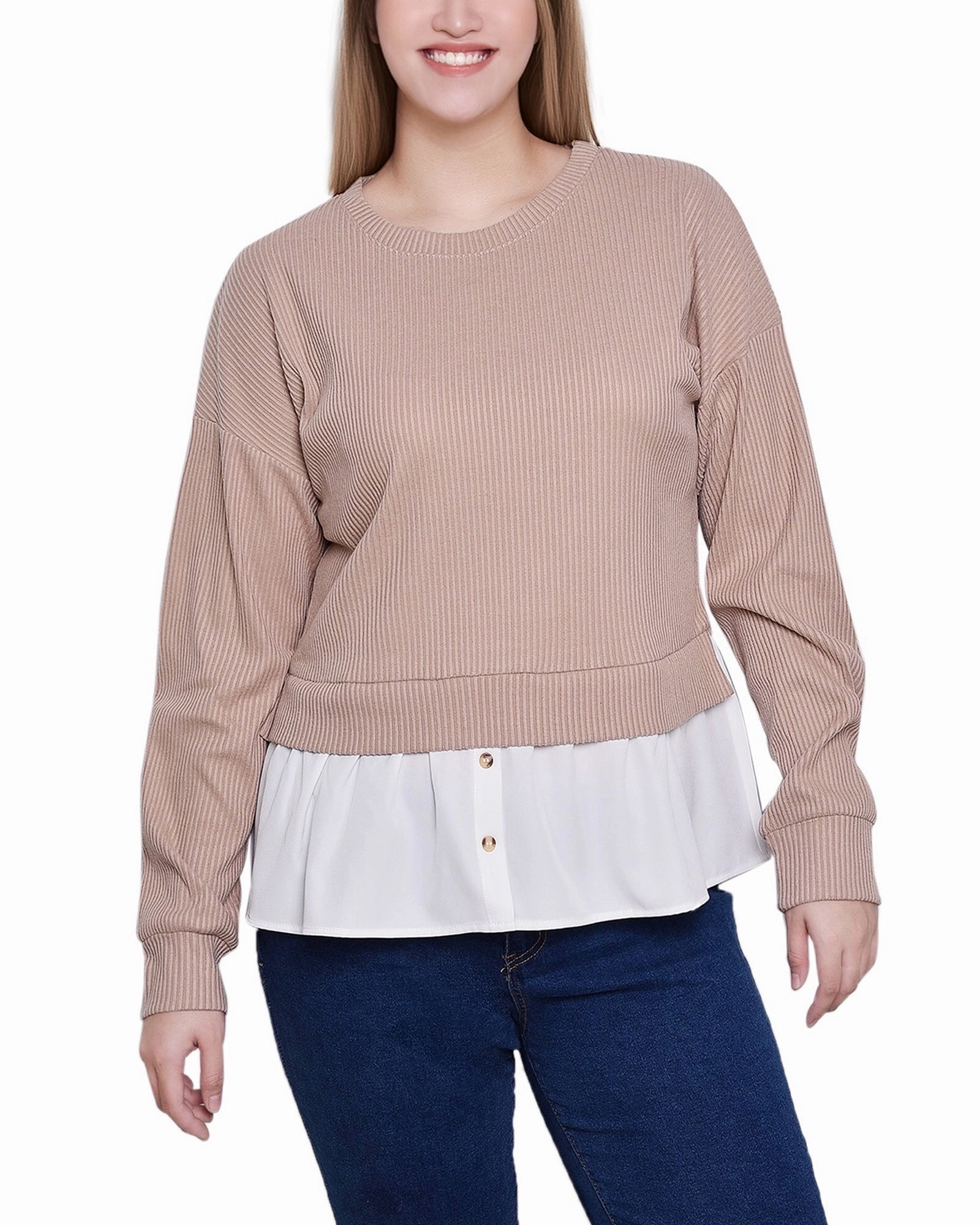 Long Sleeve Two-Fer Top With Gathered Inset MicrofiberBlend