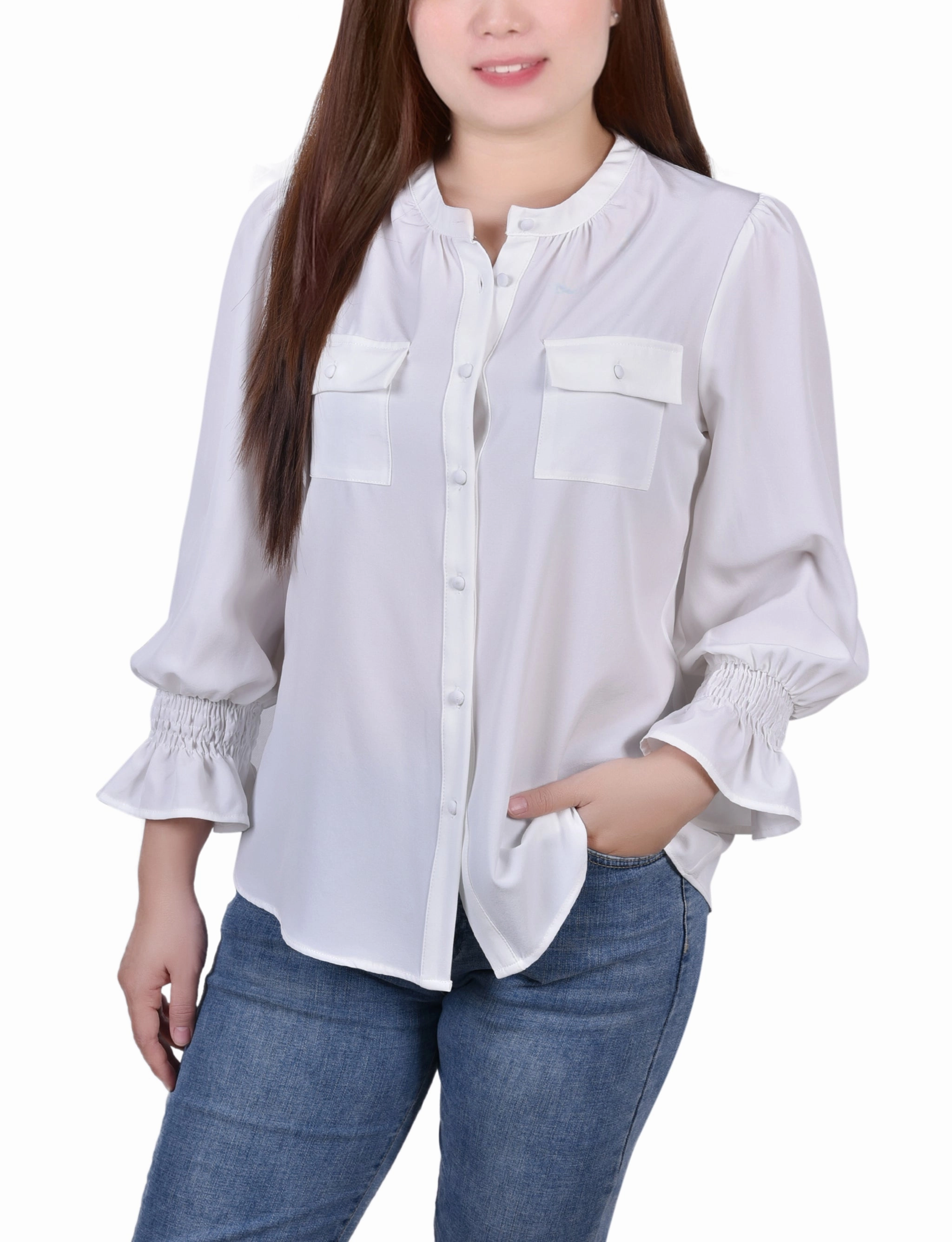 AntiStaticInnerLining Long Sleeve Y Neck Blouse
