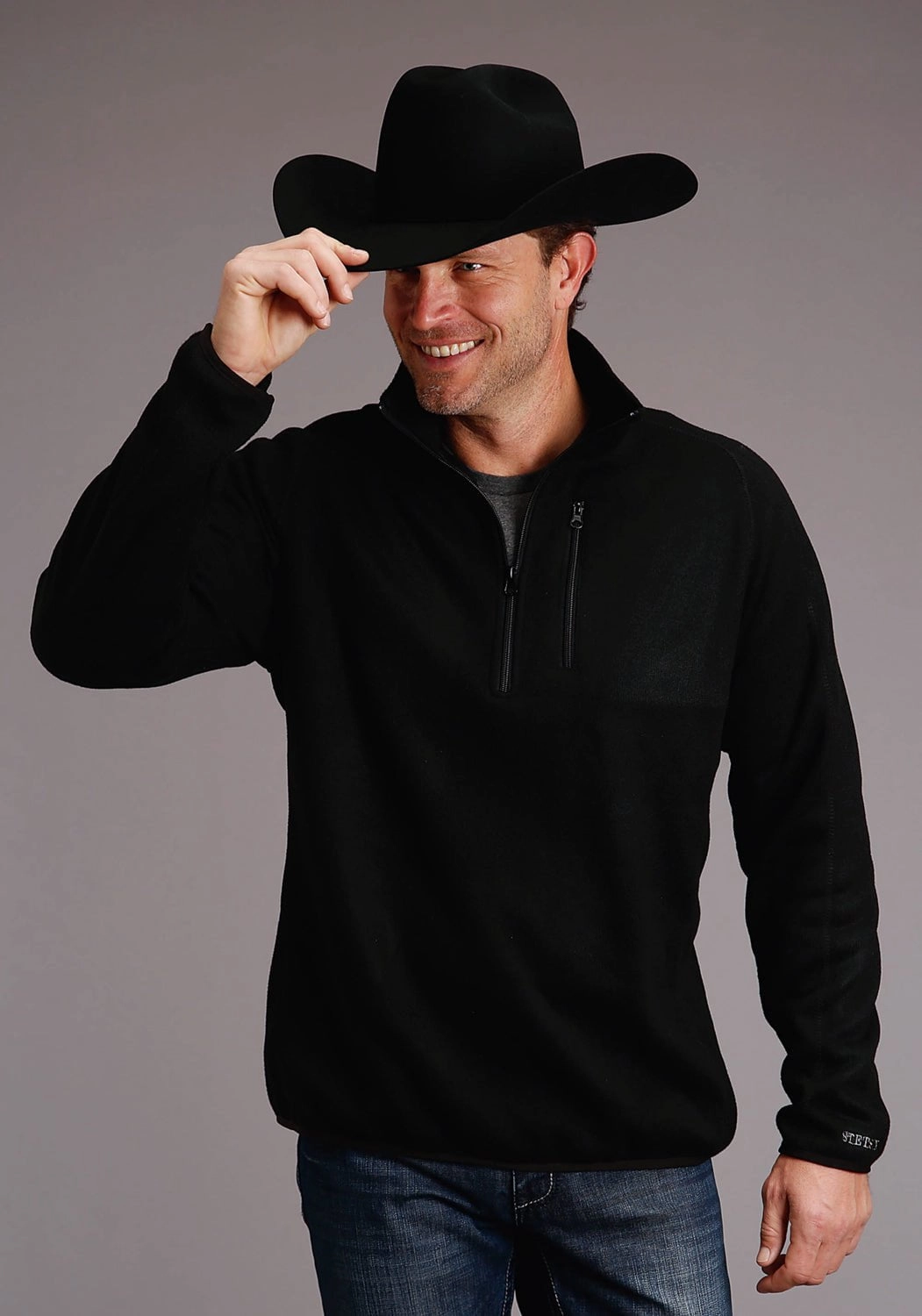 Stetson Mens Black Polyester Bonded 1/4 Zip Sweater Thermoregulating Layer Stylish Detail