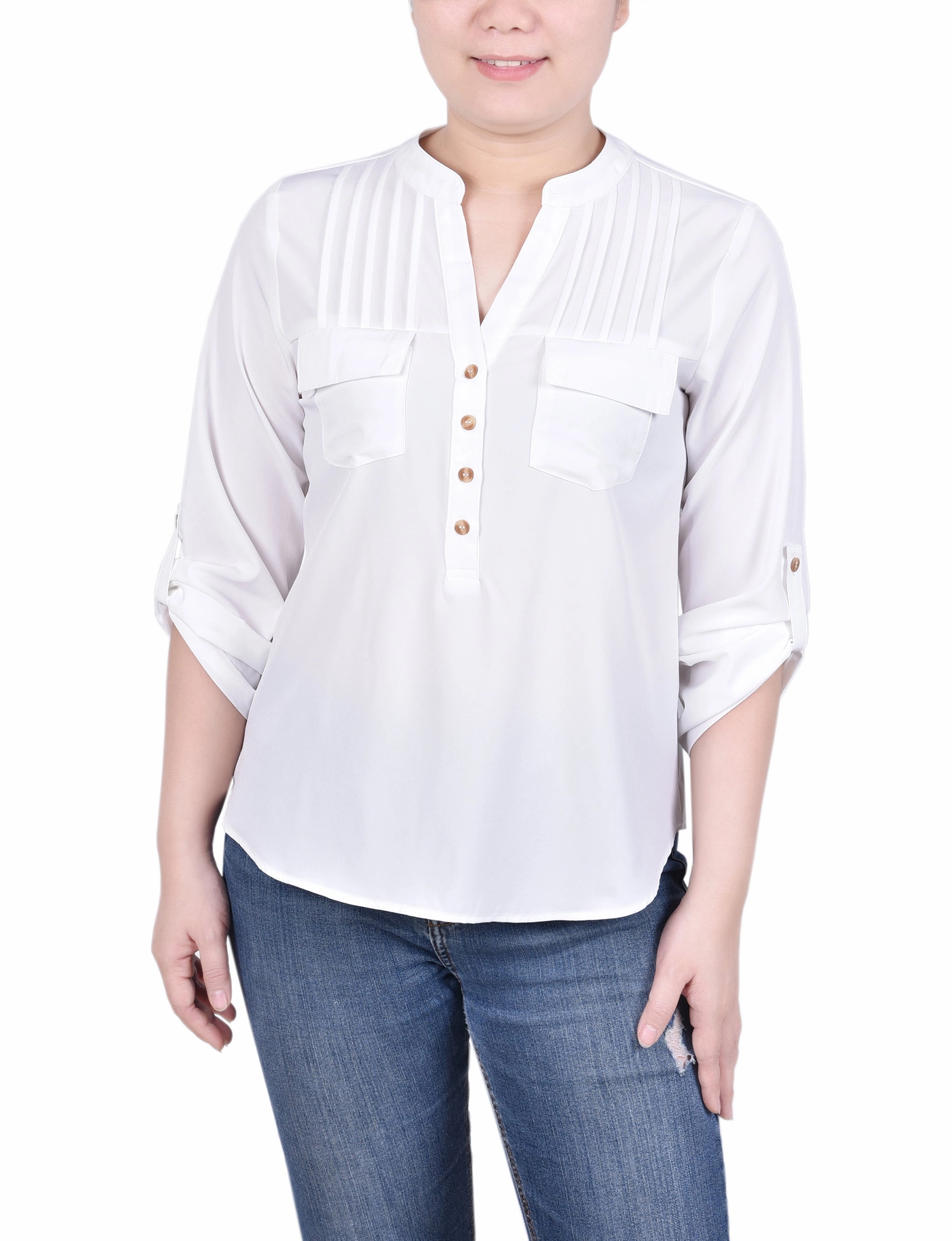 Long Tab-Sleeve Blouse With Pockets Adjustable Collar System