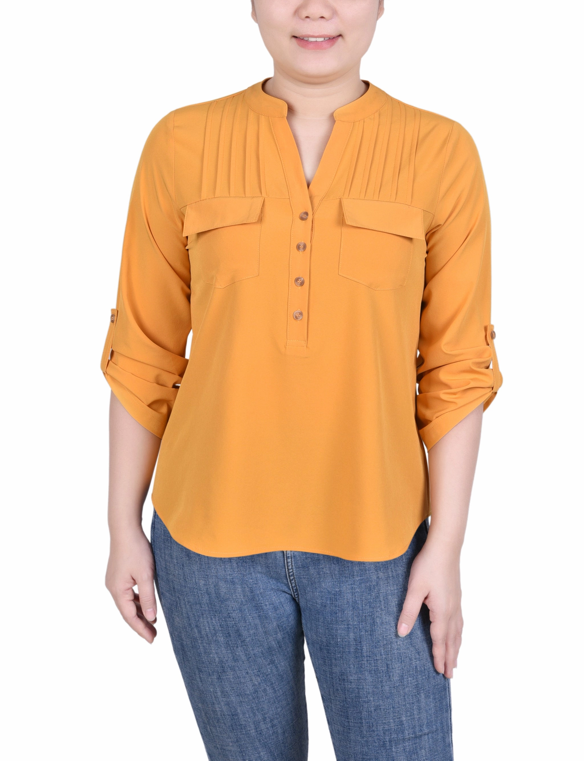 Long Tab-Sleeve Blouse With Pockets Wrinkle Resistant Textile WideNeckline
