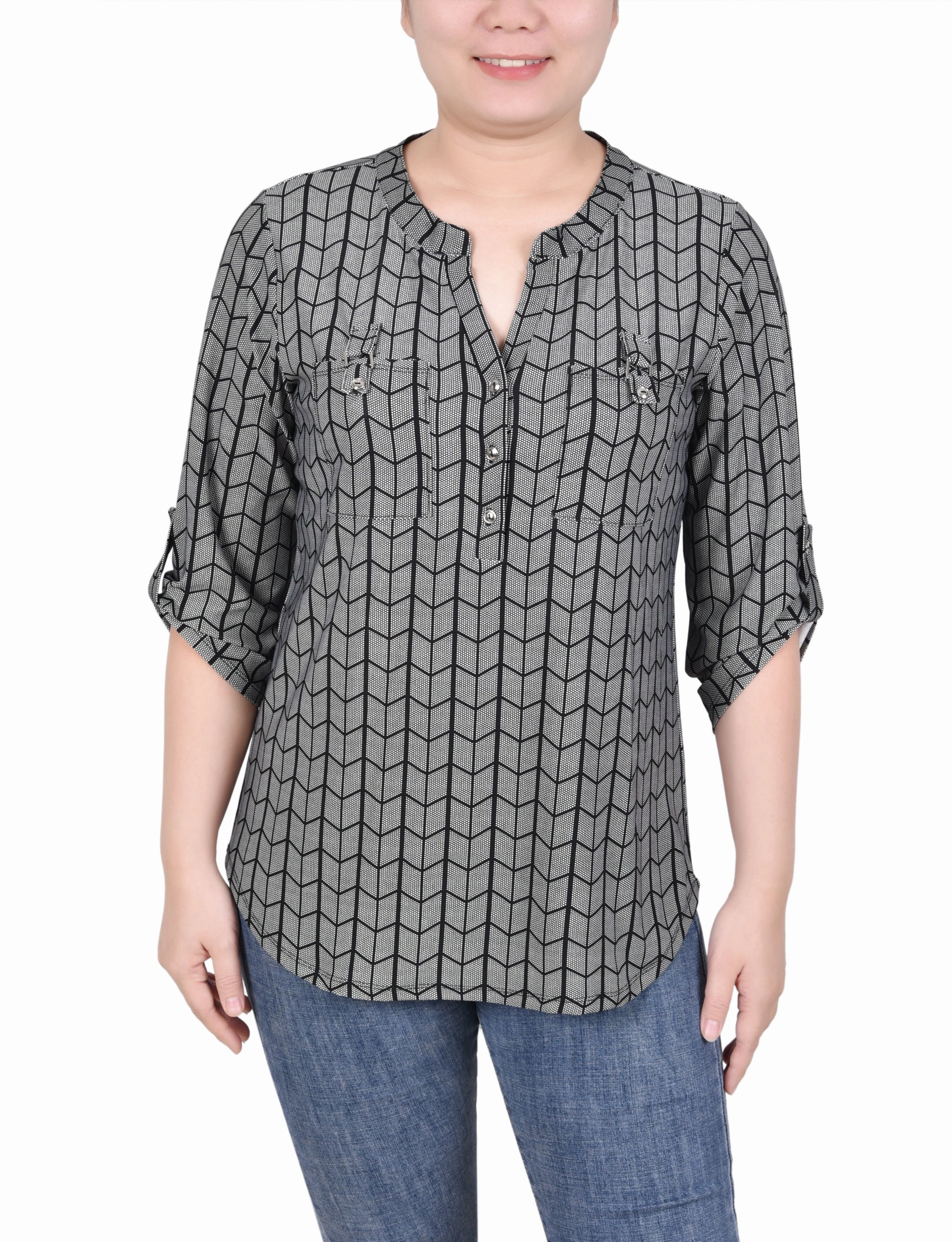 Anti Slip Shoulder Padding Convertible Sleeve Adaptation Long Tab-Sleeve Top With Pockets