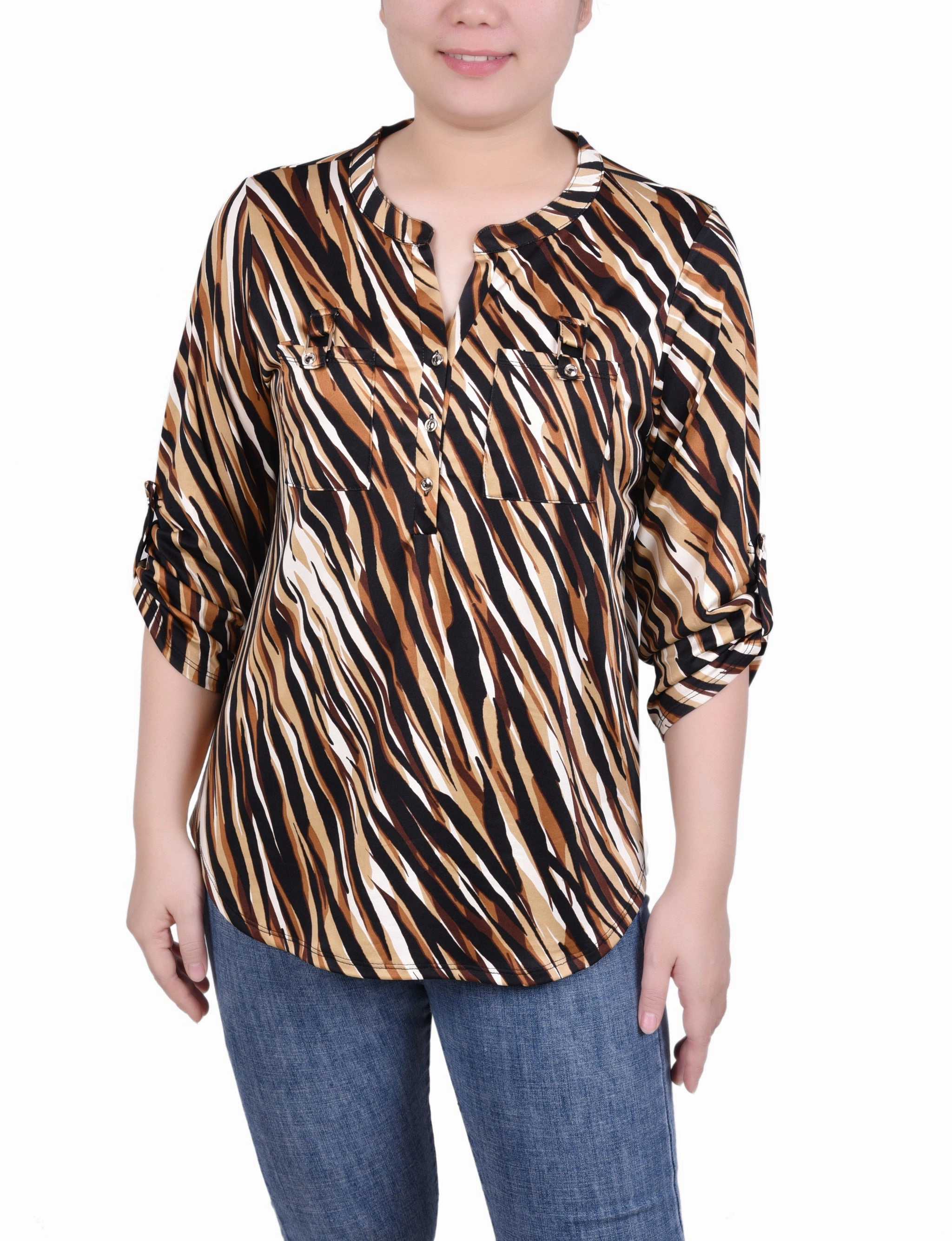 Long Tab-Sleeve Top With Pockets Anti Static Weave Technology Soft Cotton