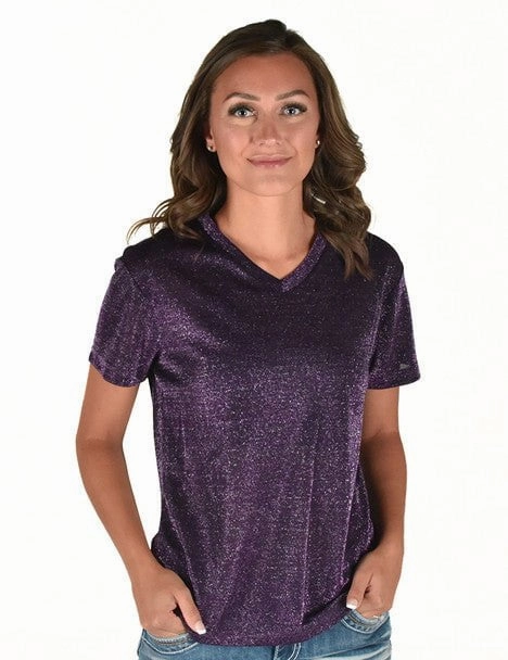 Cowgirl Tuff Womens Shimmer Breathe V Purple Nylon S/S T-Shirt Military Inspired Striped style