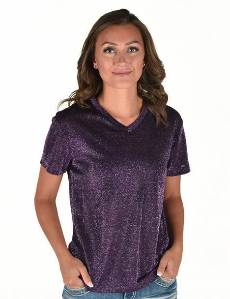 Cowgirl Tuff Womens Shimmer Breathe V Purple Nylon S/S T-Shirt Clean Edge Trim Sheer Panel