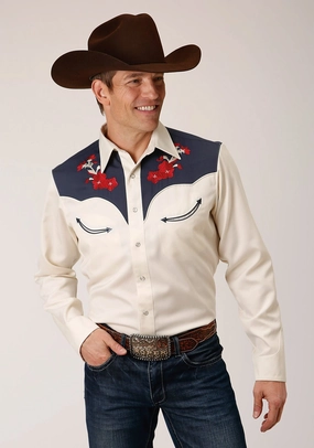 Dynamic Design All Day Comfort Tech Roper Mens Red Flower White Poly/Rayon L/S Shirt