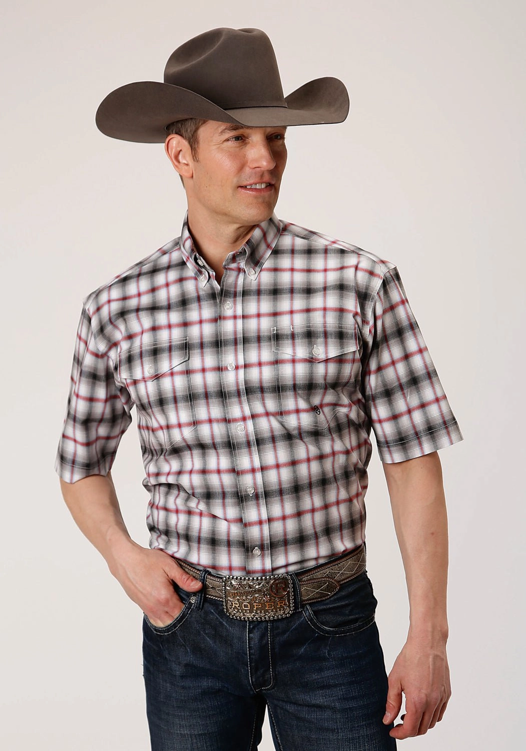 Roper Mens Black Cotton Blend Ombre Stretch BD S/S 2 Pocket Shirt Tuckable Hem