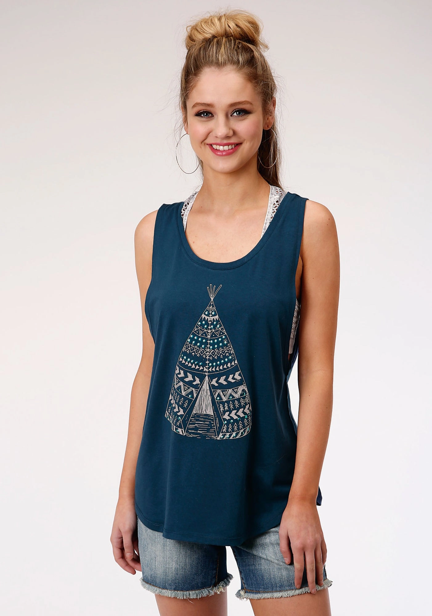 Roper Womens Navy Blue Cotton Blend Nailhead Teepee S/L Tank Top Lace Accent Stretch Fabric