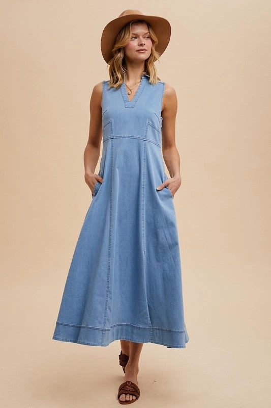 LORELEI COLLARED DENIM FLARE MIDI Flattering Look Fit Office Wear