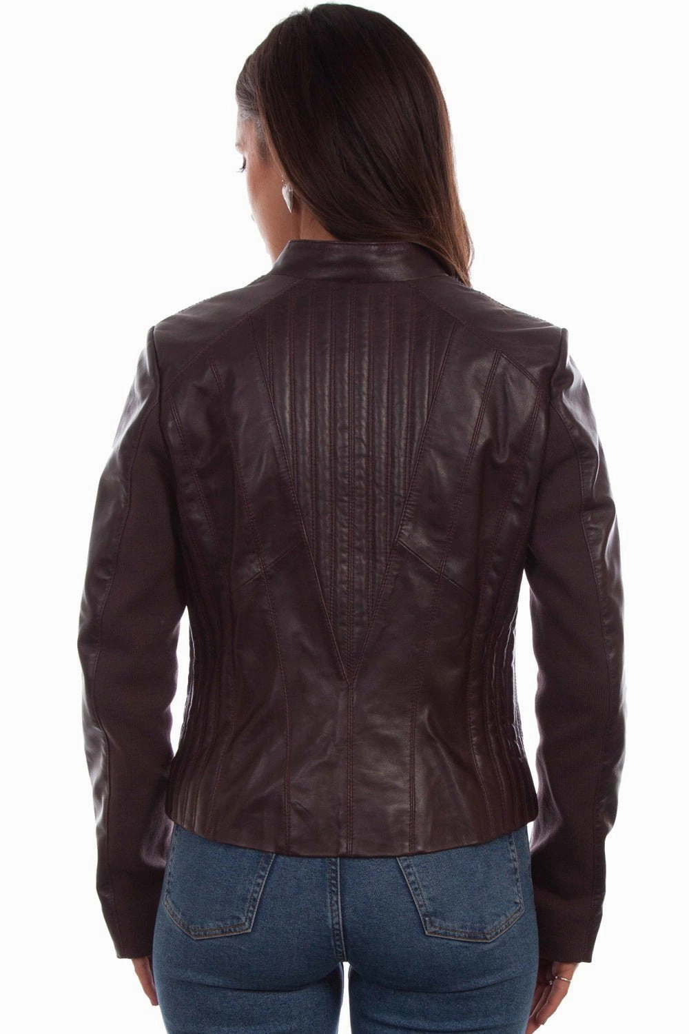 Scully Womens Ribbed Motorcycle Aubergine Leather Leather Jacket Dynamic Compression Fit Seamless Shoulder Design
