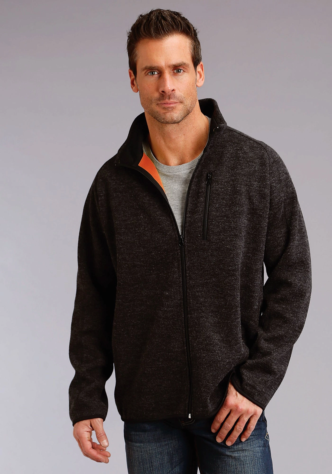 Water Resistant Coat Streetwear vibe Stetson Mens Charcoal Polyester Fuzzy Bonded Zip Jacket