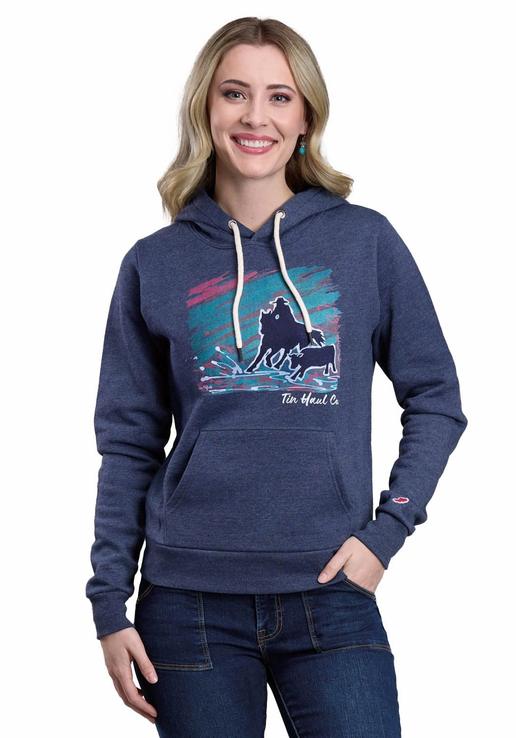 Tin Haul Womens Roping Cowgirl Blue Cotton Blend Hoodie Comfy Essentials Winter Outerwear