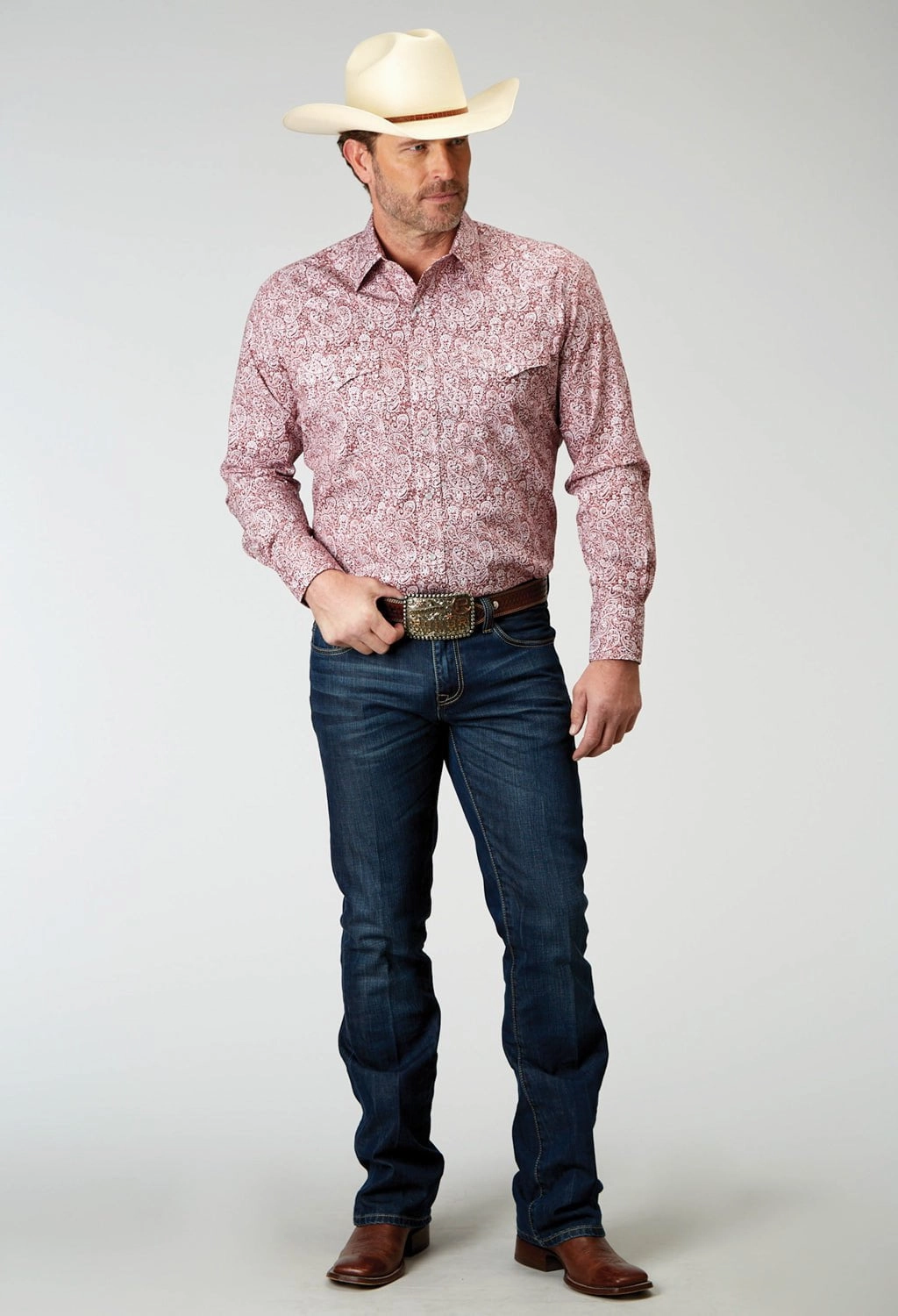 Abrasion resistant Winter Layering Roper Mens Stretch Paisley Red Cotton Blend L/S Shirt