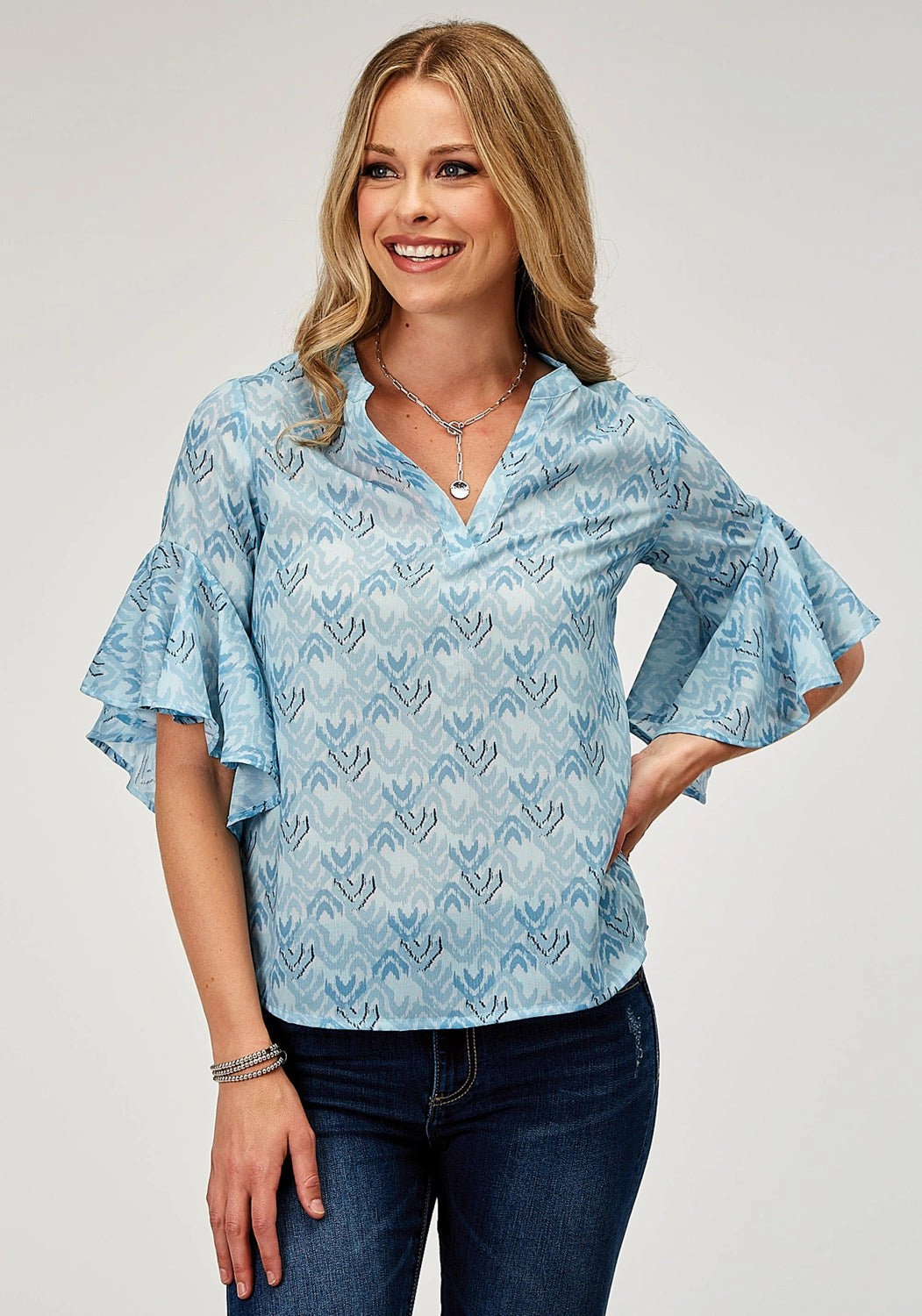 Roper Womens 1978 Ikat Chevron Blue 100% Polyester S/S Blouse Weekend Outfit Lightweight texture