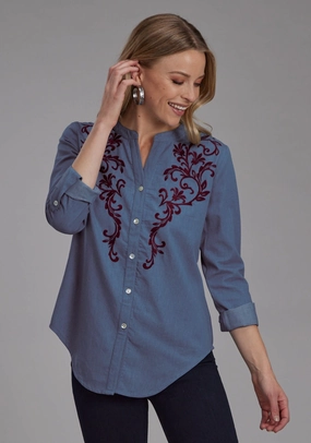 Roper Womens Wine Colored Stitch Blue 100% Cotton L/S Blouse Limited Edition Odor Resistant