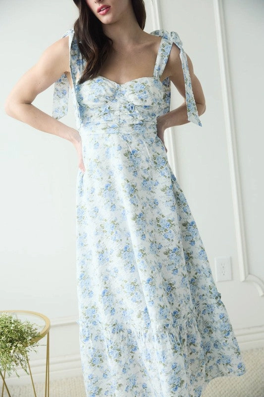 Lucy Floral Tie Strap Ruched Detail Maxi Dress Soft Shape