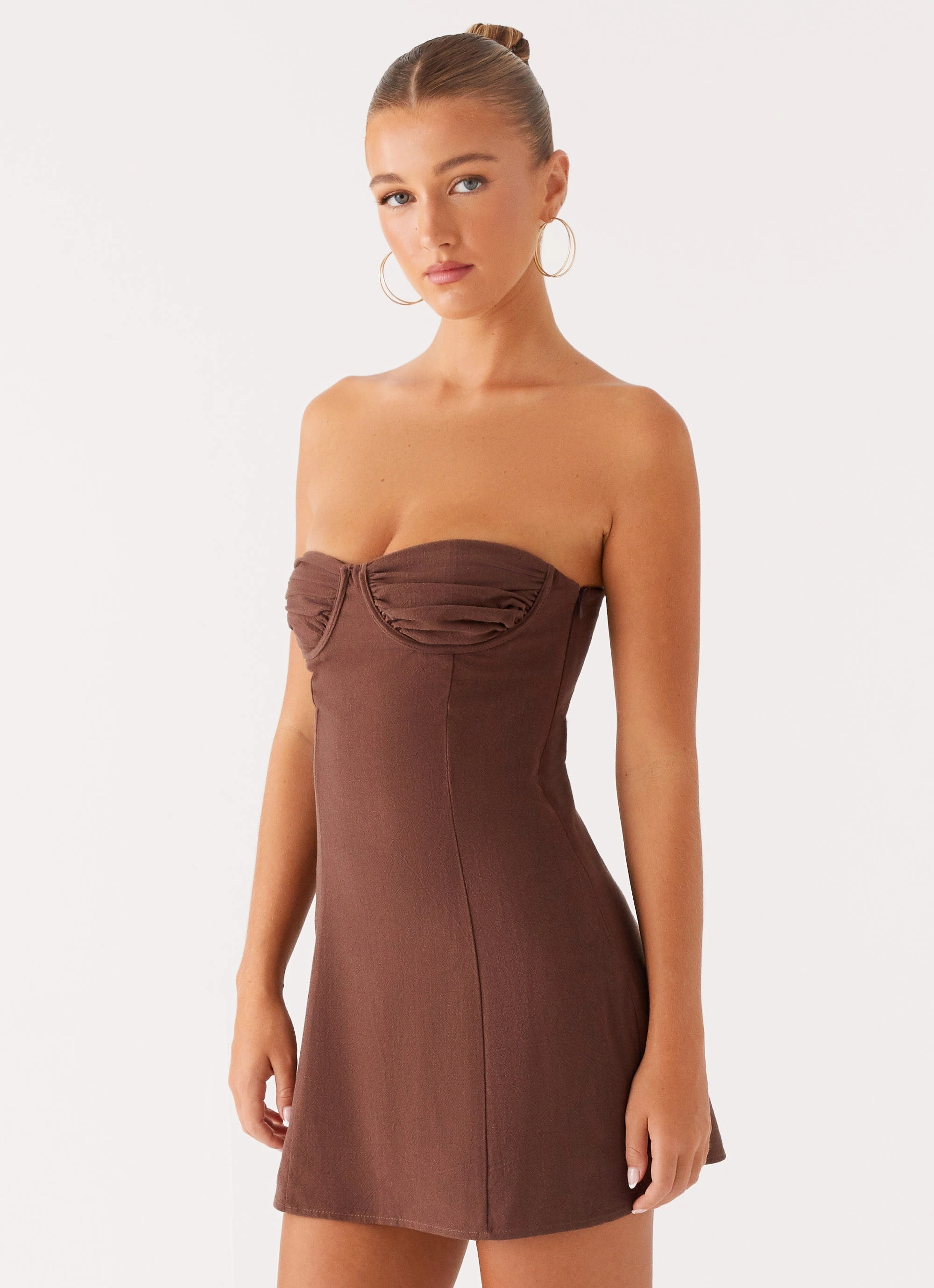 Pleat-Front StretchableKnit Ludo Mini Dress - Chocolate