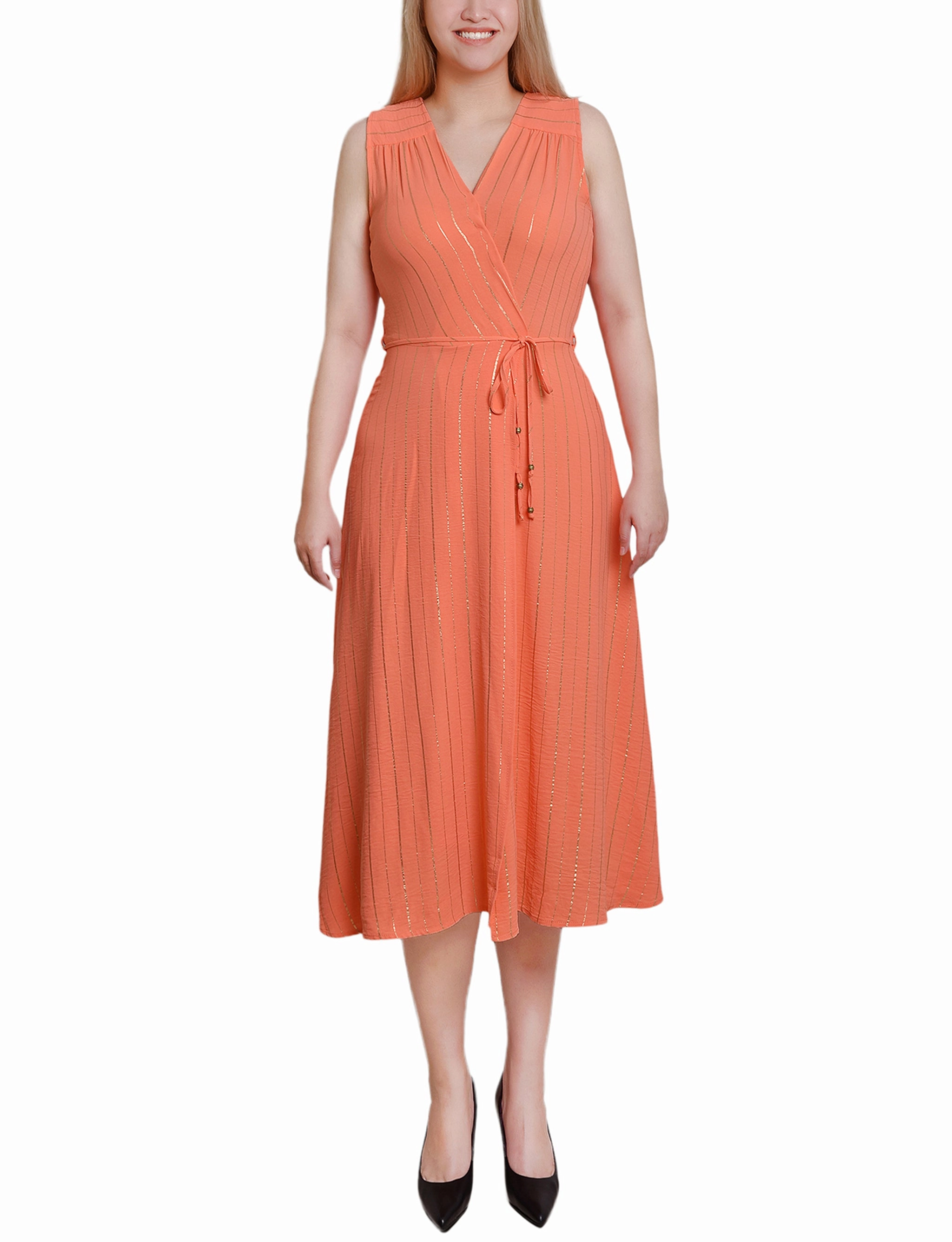 Sleeveless Surplice Vertical Stripe Dress Light Bow Edgy-Look