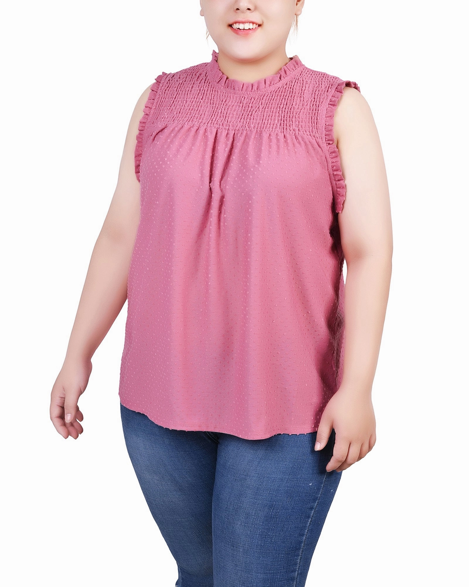 Plus Size Sleeveless Yoke Top With Ruffles Elastic Edge Binding