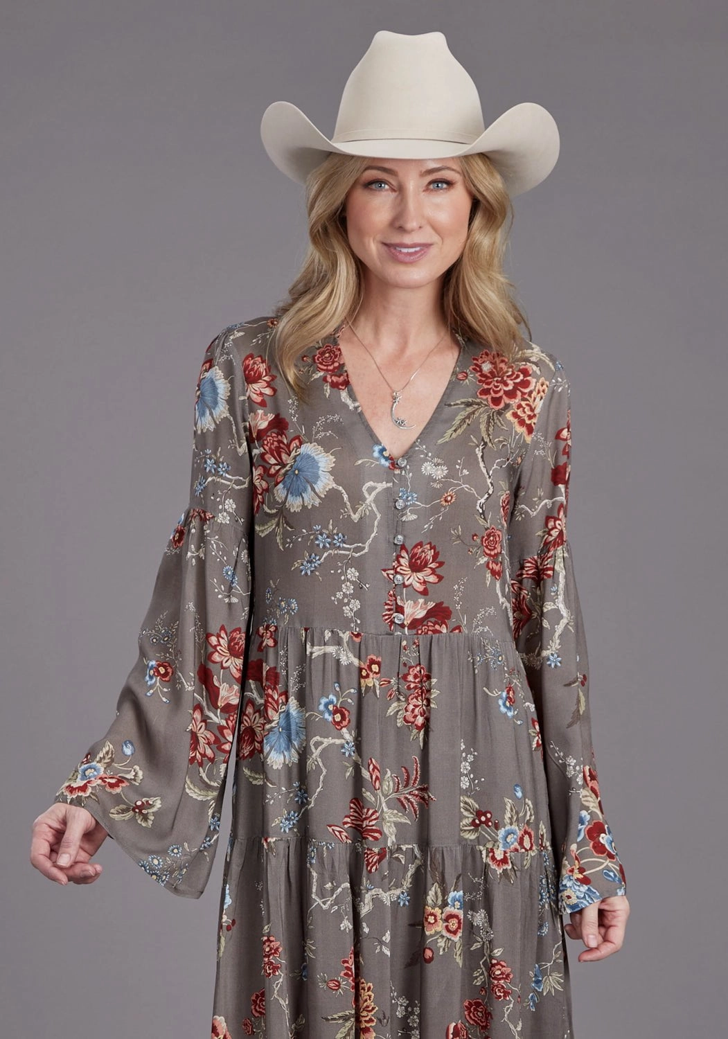 Everyday Look Front-Slit Stetson Womens Vintage Tapestry Grey 100% Rayon L/S Dress