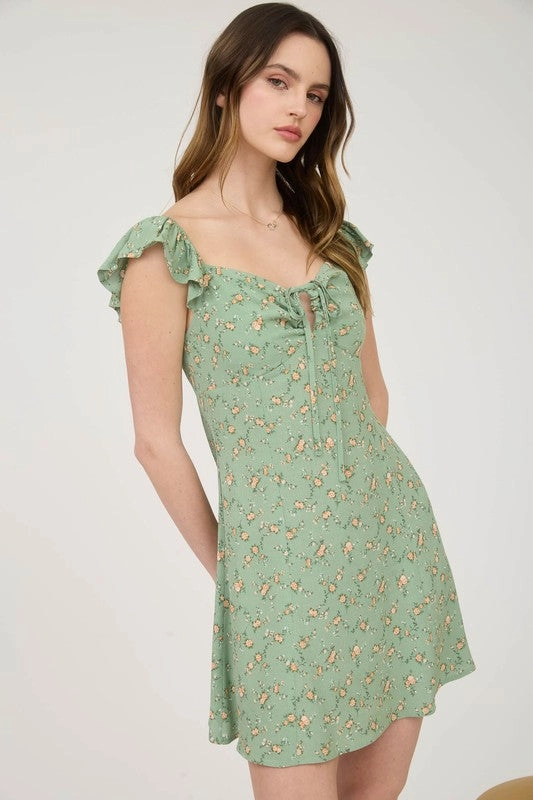 Soft Tones Tina Floral Front Cut-out With Tie Mini Dress