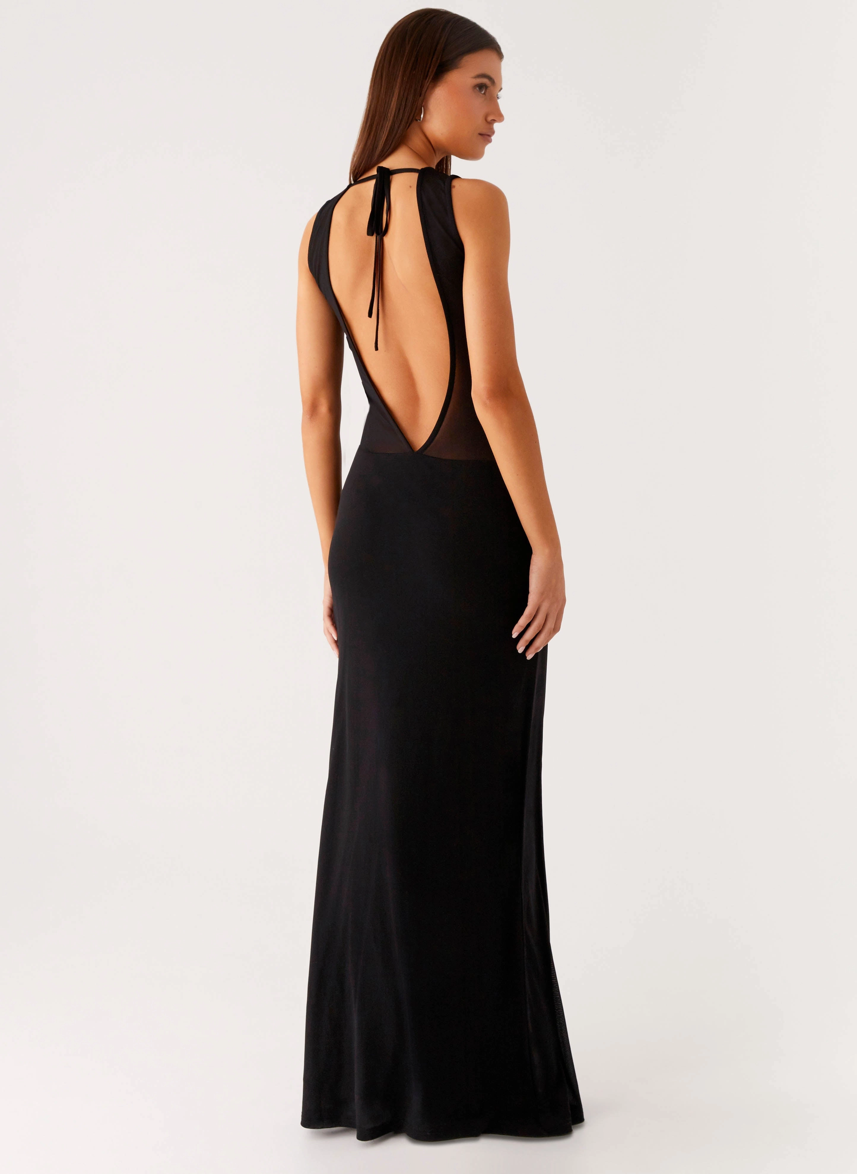 lyria Mesh Maxi Dress - Black Contrast Stitch Fringe Detail