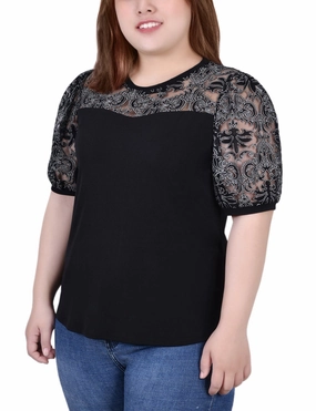 High-waist Elegant Layer Plus Size Puff Lace-Sleeve Top