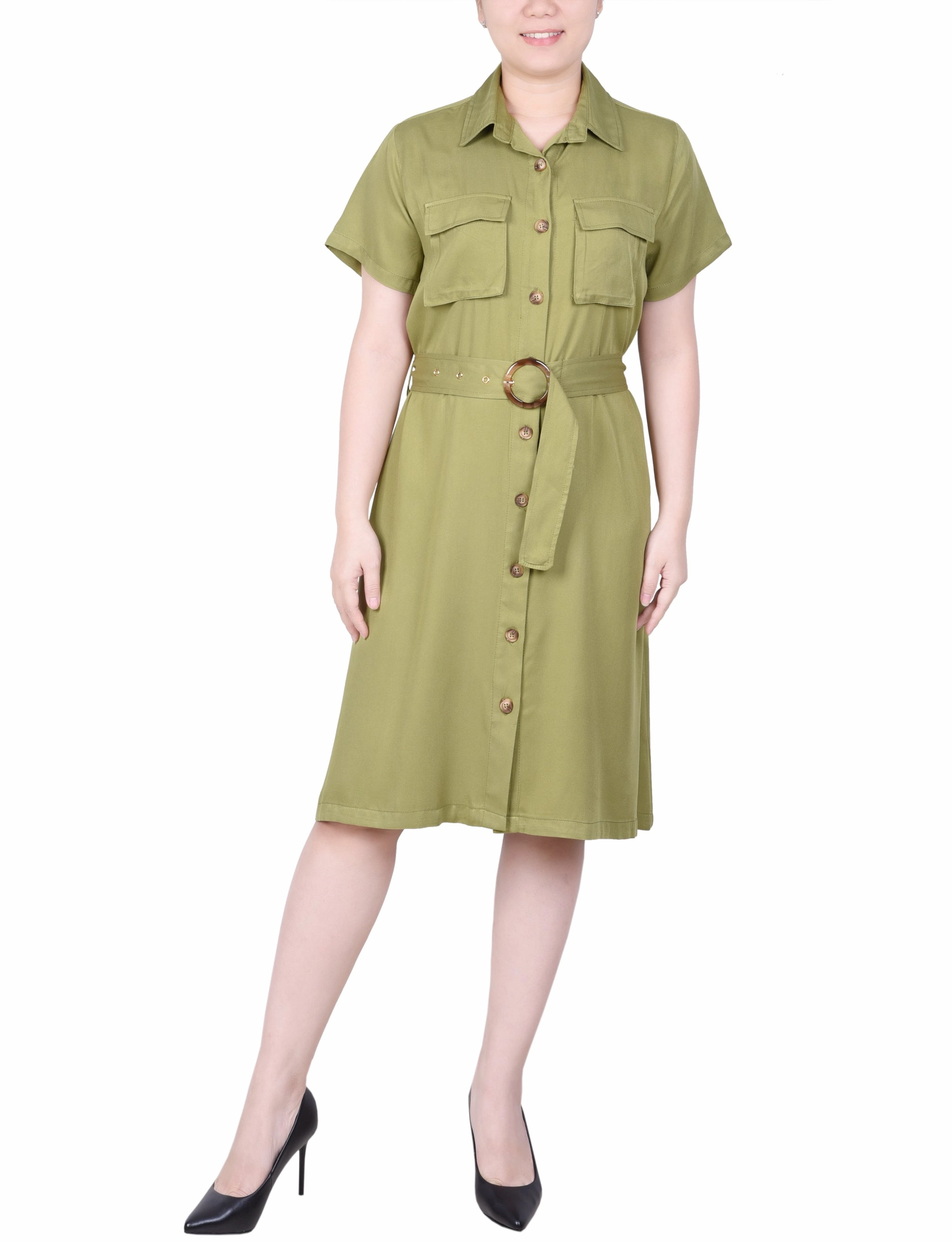 All Day Warm-Layer Petite Short Sleeve Safari Style Dress