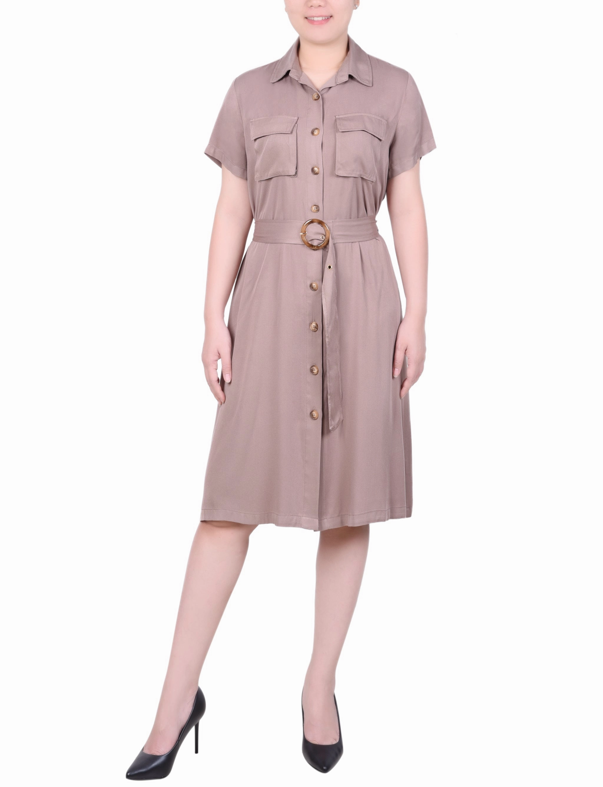Light Fabrication Petite Short Sleeve Safari Style Dress