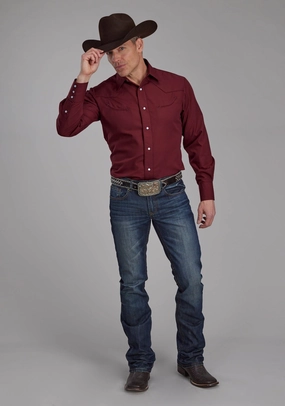 Roper Mens 2124 Broadcloth Wine Cotton Blend L/S Shirt Statement Piece Fitted Cut