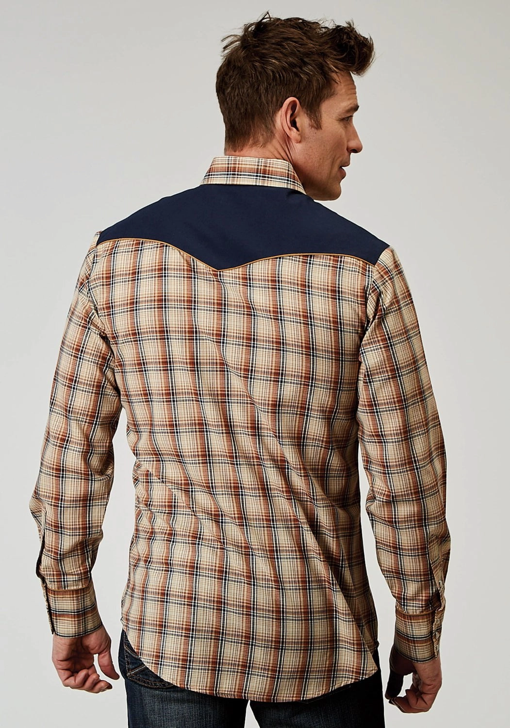 Roper Mens Fancy Yoke Horseshoe Brown Cotton Blend L/S Shirt Mature Elegance