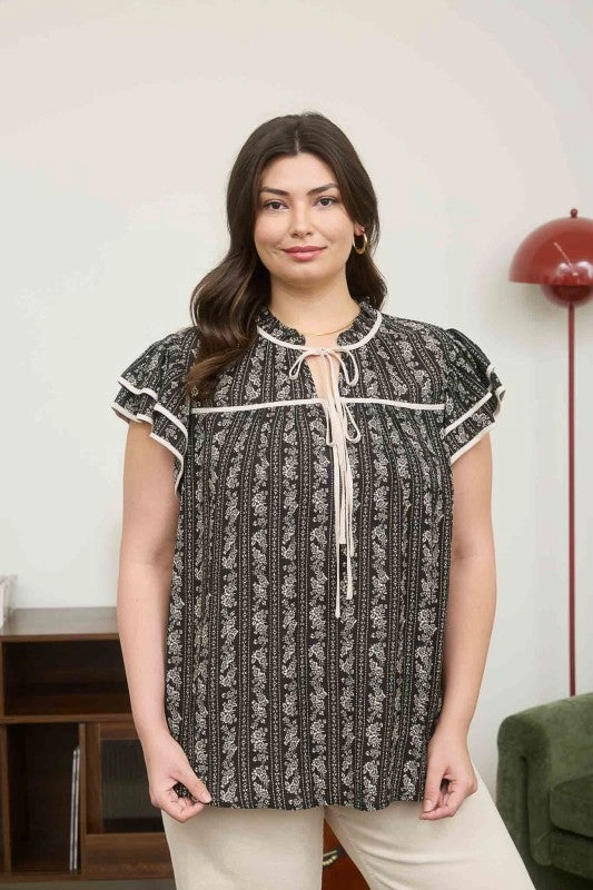 Maci Stripe Floral Pattern Tie Front Ruffle Top S-3XL Ventilated Back Panels