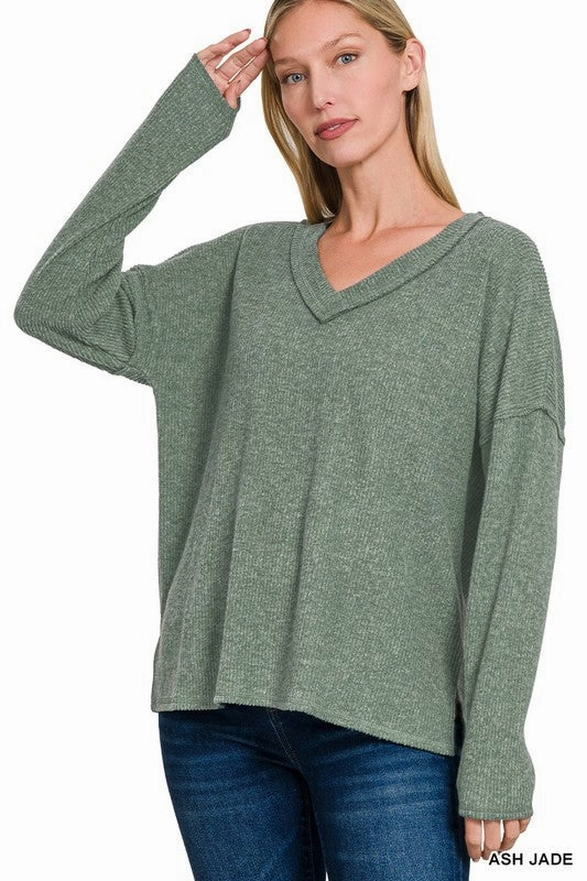 Mackenna Ribbed V-neck Drop Shoulder Top S-XL Wool Sweater