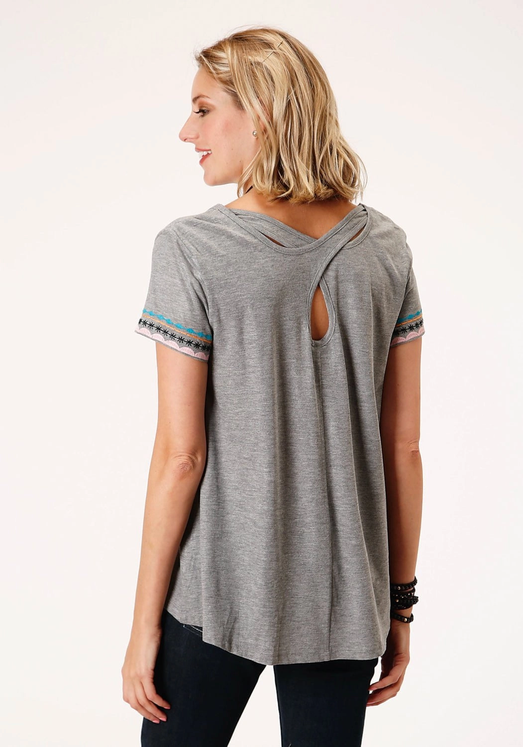 Flexible Material Roper Womens Grey 100% Cotton Geometric Embroidery S/S T-Shirt