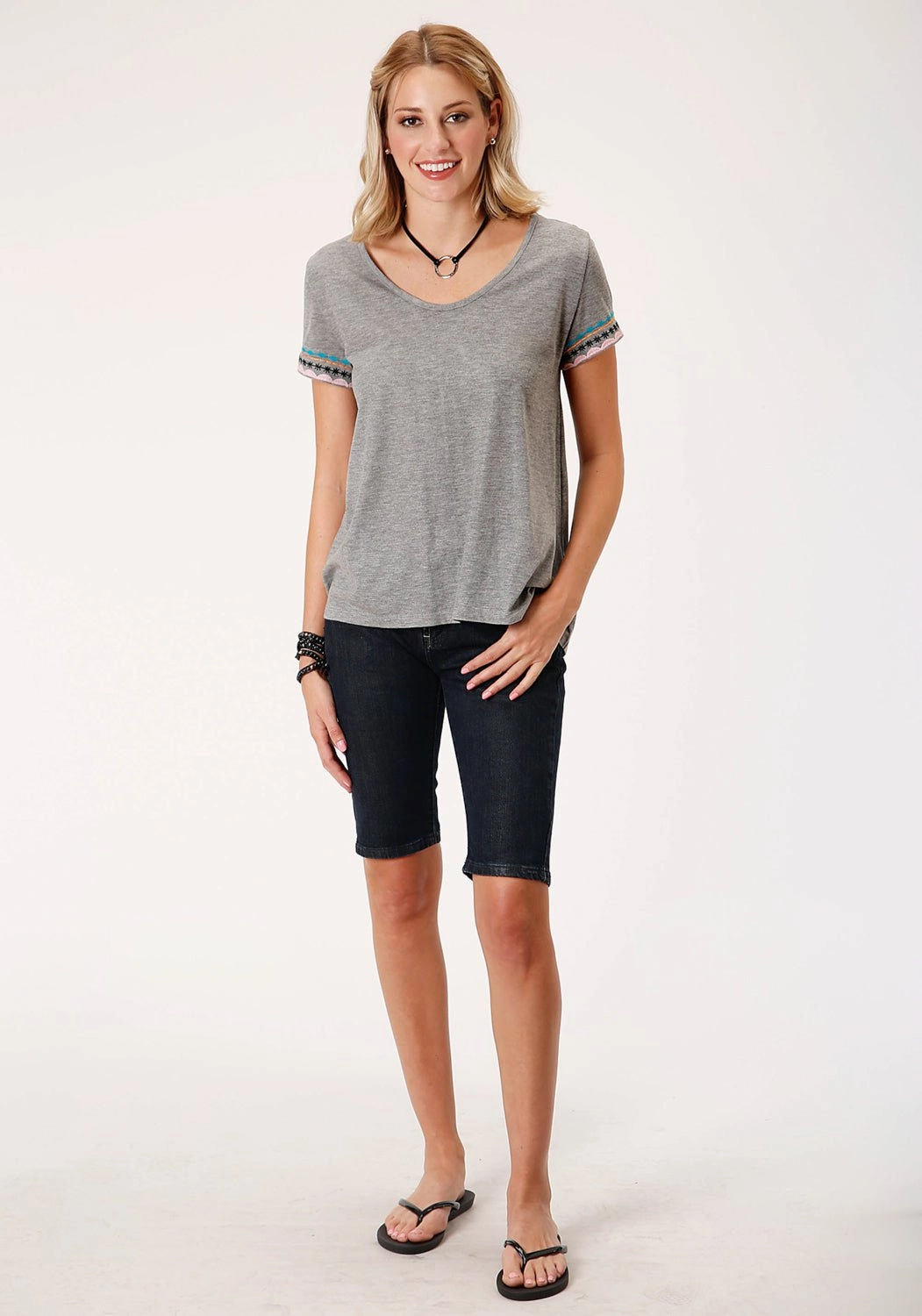 Seamless Side Panels Roper Womens Grey 100% Cotton Geometric Embroidery S/S T-Shirt