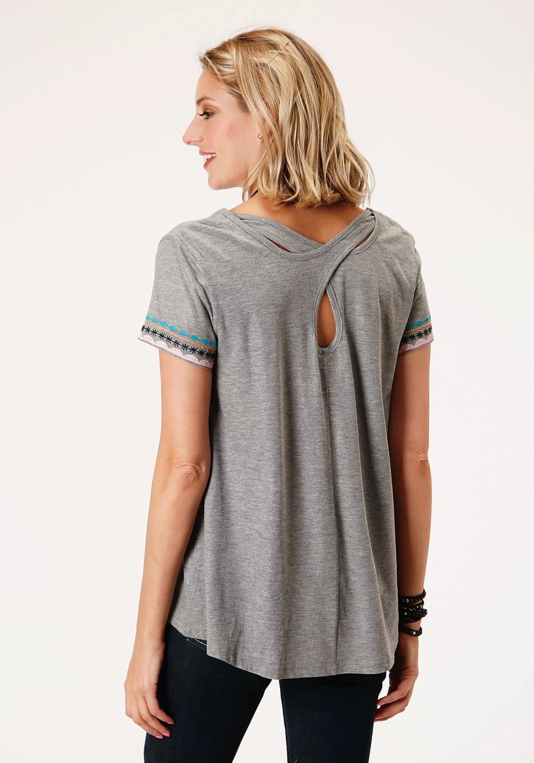 Outerwear Companion Roper Womens Grey 100% Cotton Geometric Embroidery S/S T-Shirt