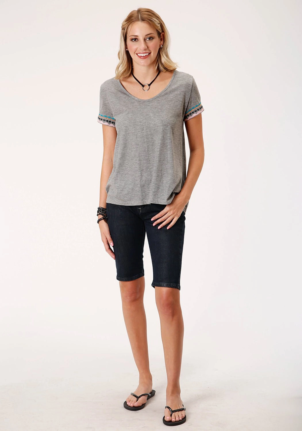 Roper Womens Grey 100% Cotton Geometric Embroidery S/S T-Shirt Breathable Cotton Versatile Look