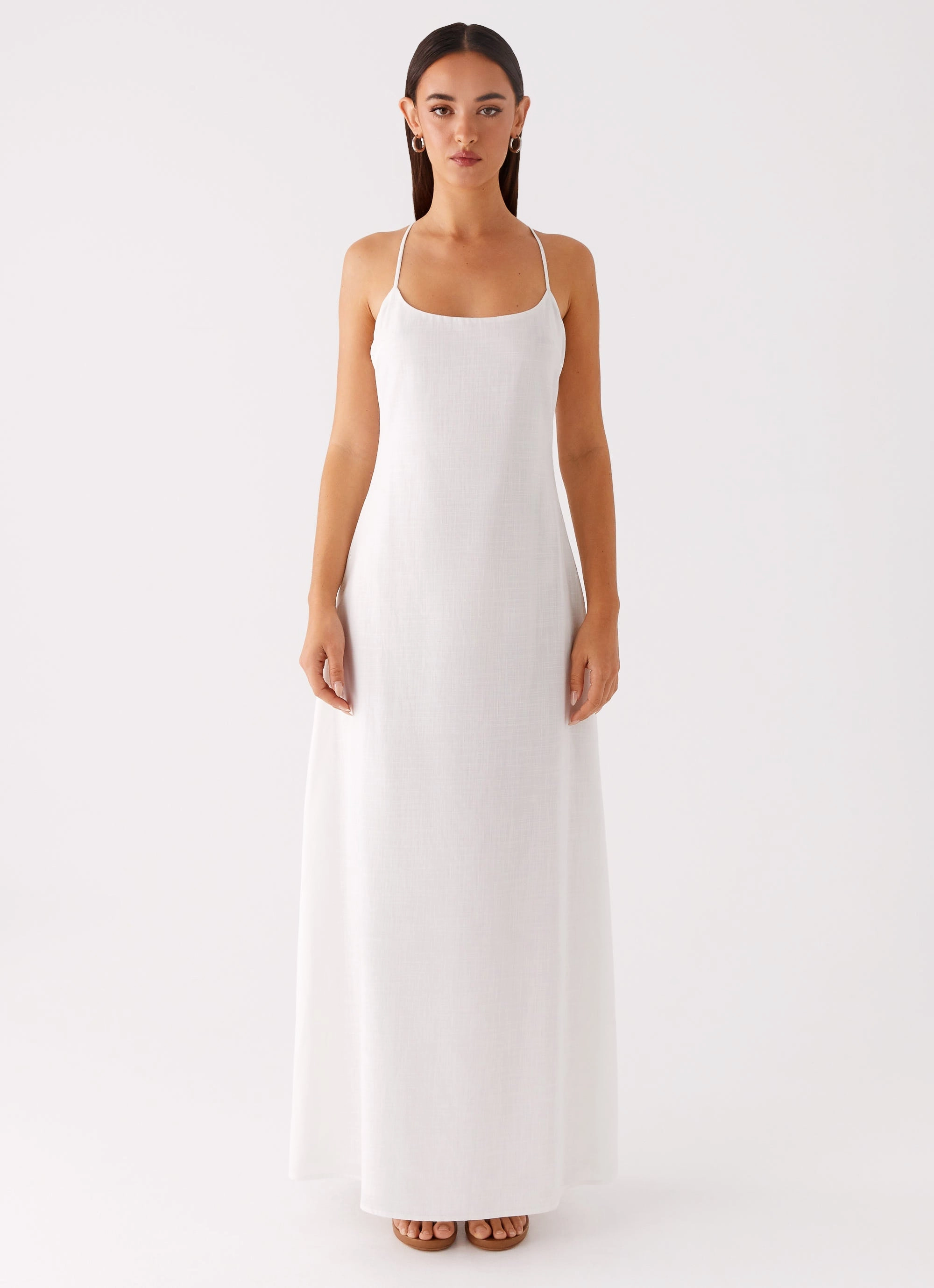 Madeleine Scoop Neck Maxi Dress - Off White BreathableFabric Subtle Lines