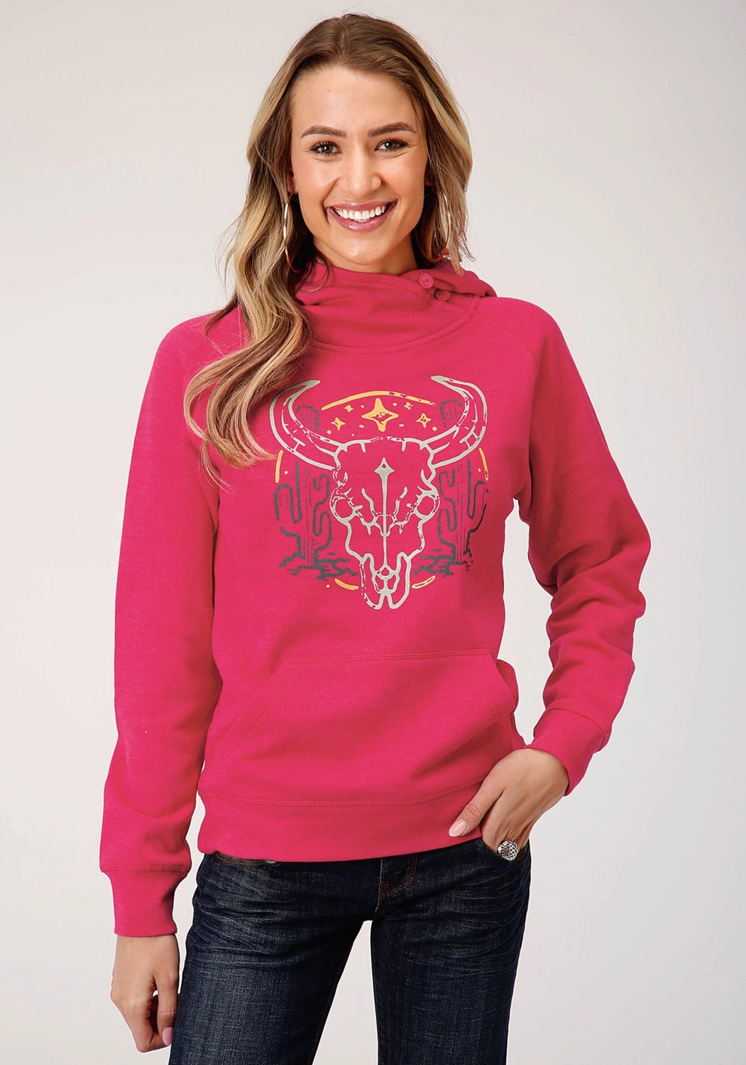Versatile Layers Soft and Cozy Knit Roper Womens Rose Pink Cotton Blend Longhorn Hoodie