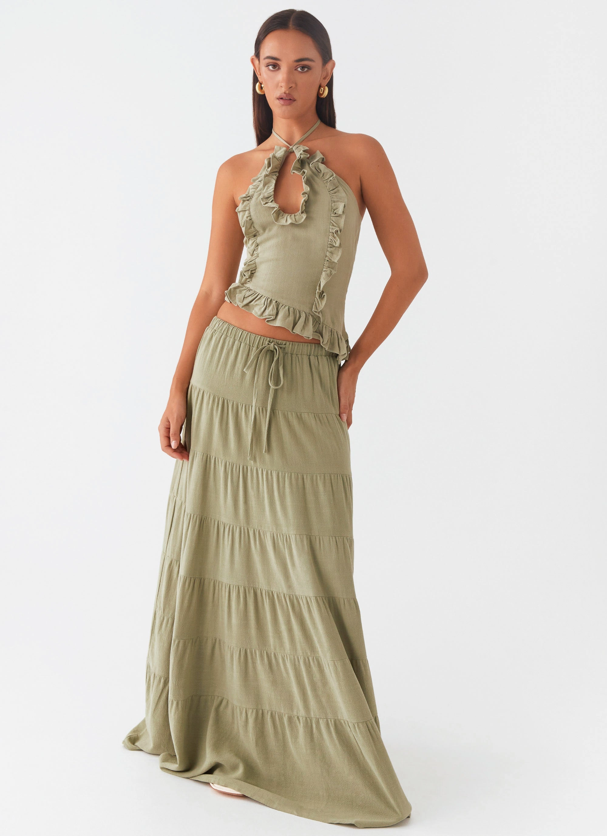 Mariella Linen Maxi Skirt - Sage Crochet-Accents Classic-Silhouette