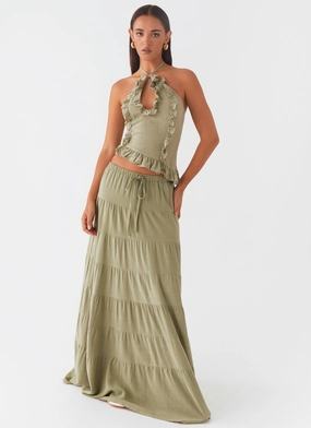 Mariella Linen Maxi Skirt - Sage Crochet-Accents Classic-Silhouette