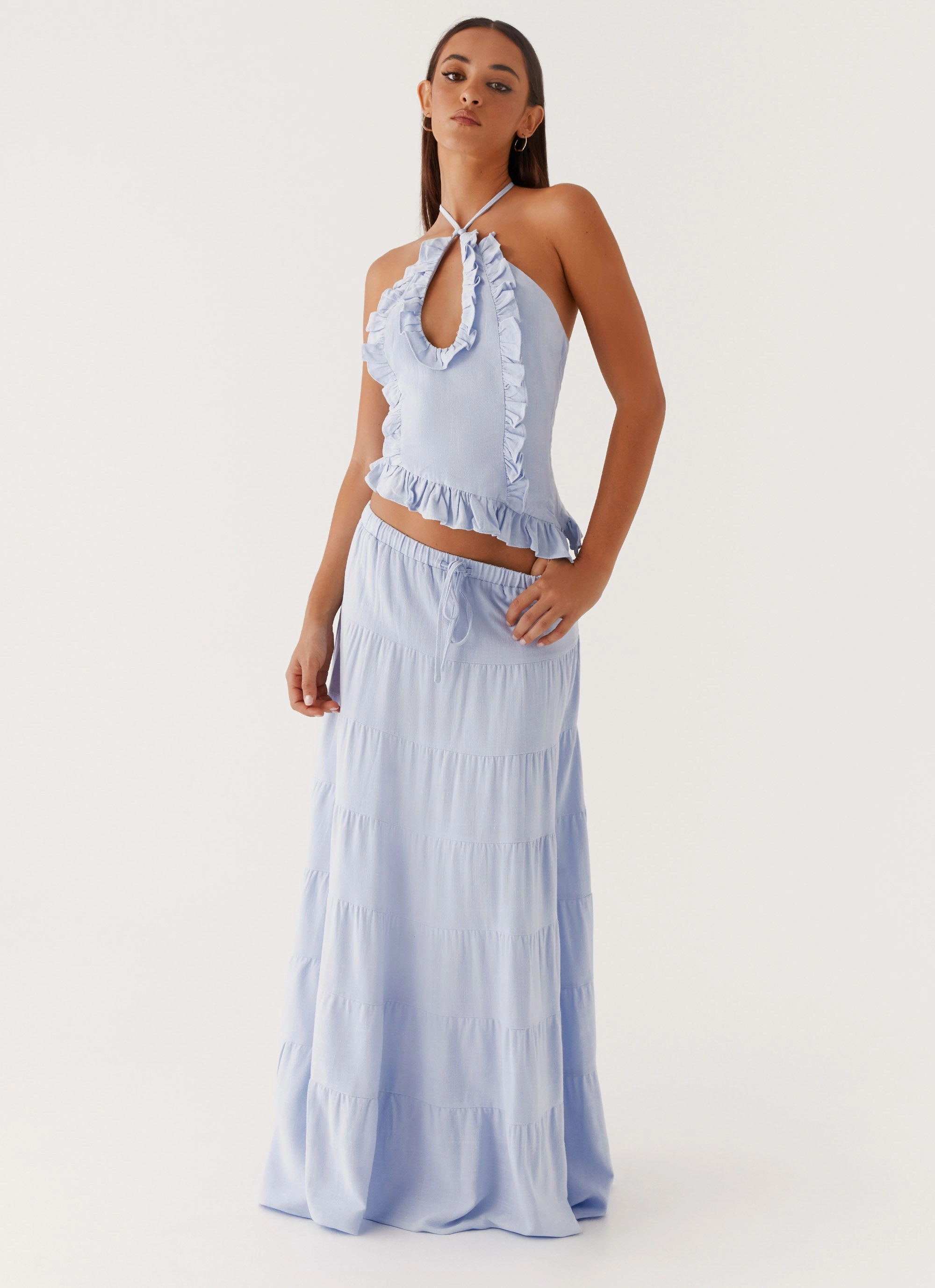 Mariella Linen Top - Blue Ethically Sourced Yarn Stretch Knit Fabric