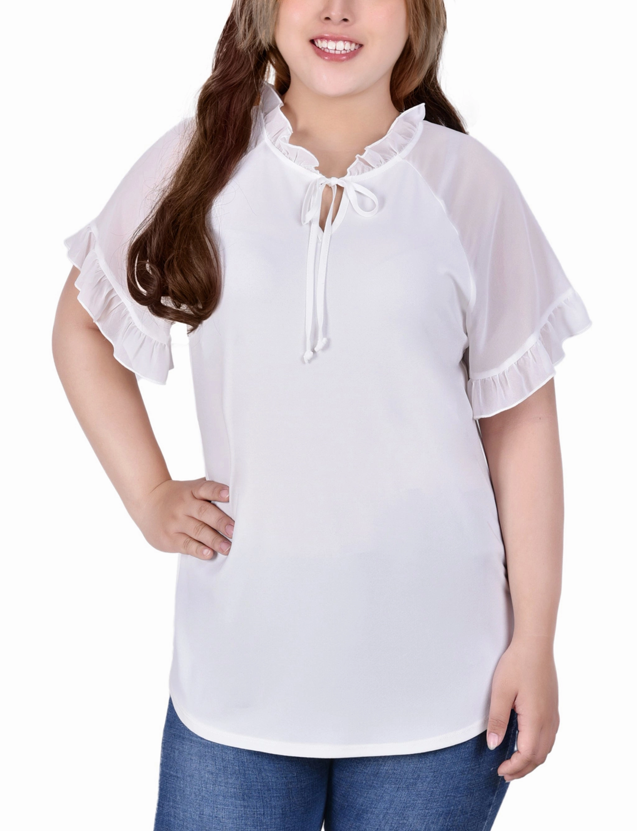 Work Look Wrinkle-Free-Finish Plus Size Short Ruffled Sleeve Crepe Knit Top With Chiffon Sleeves