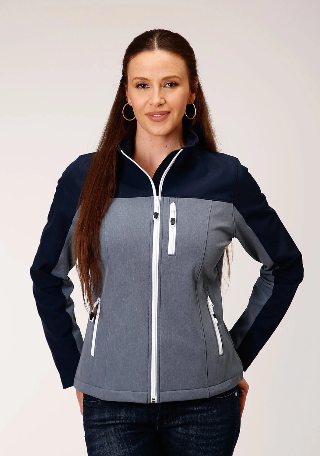 NoiseFreeMaterial Water Resistant Design Roper Womens Navy/Grey Polyester Softshell Pieced Jacket