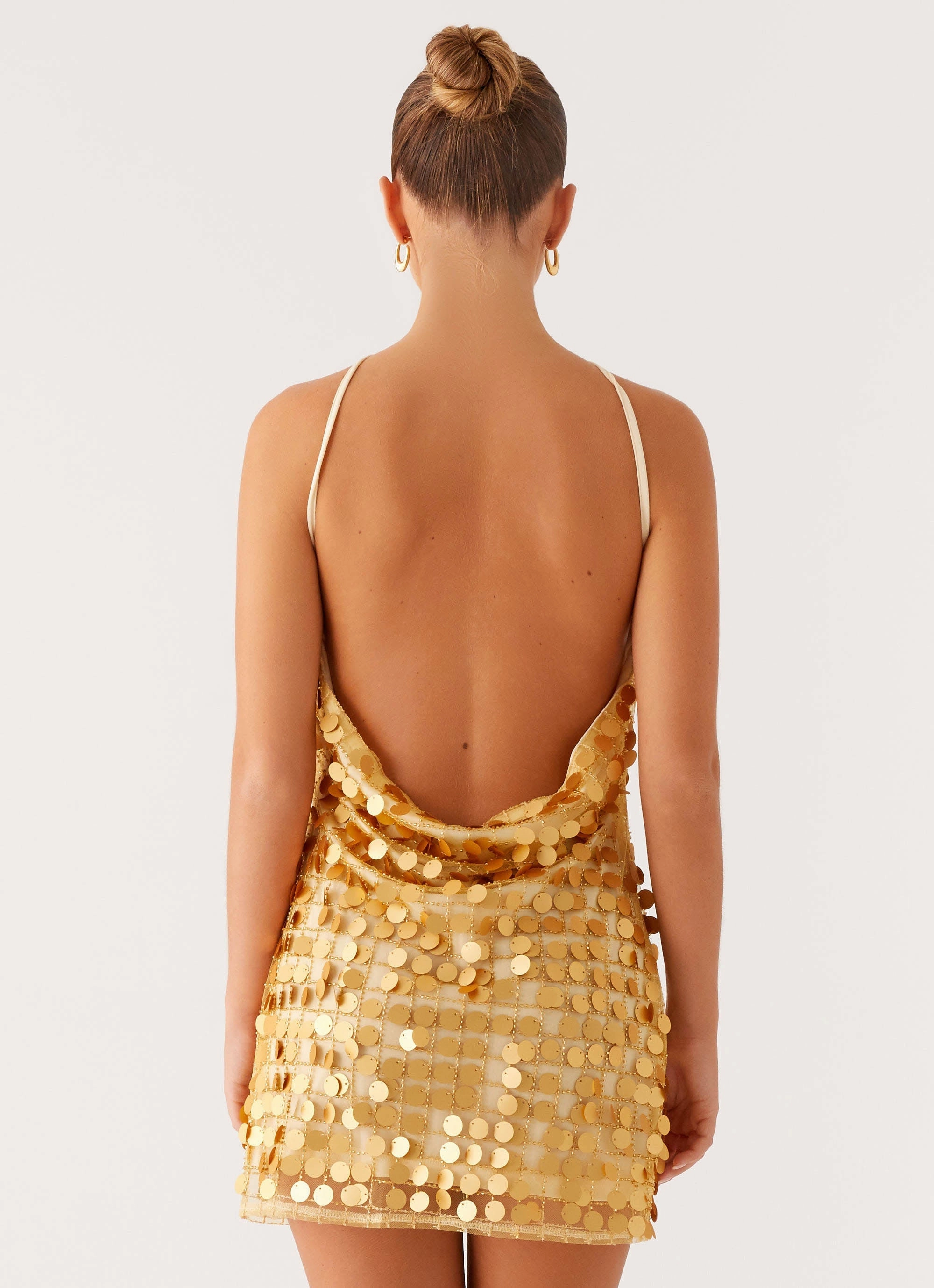 Xander Sequin Mini Dress - Gold Refined Aesthetic Ruffle Detail