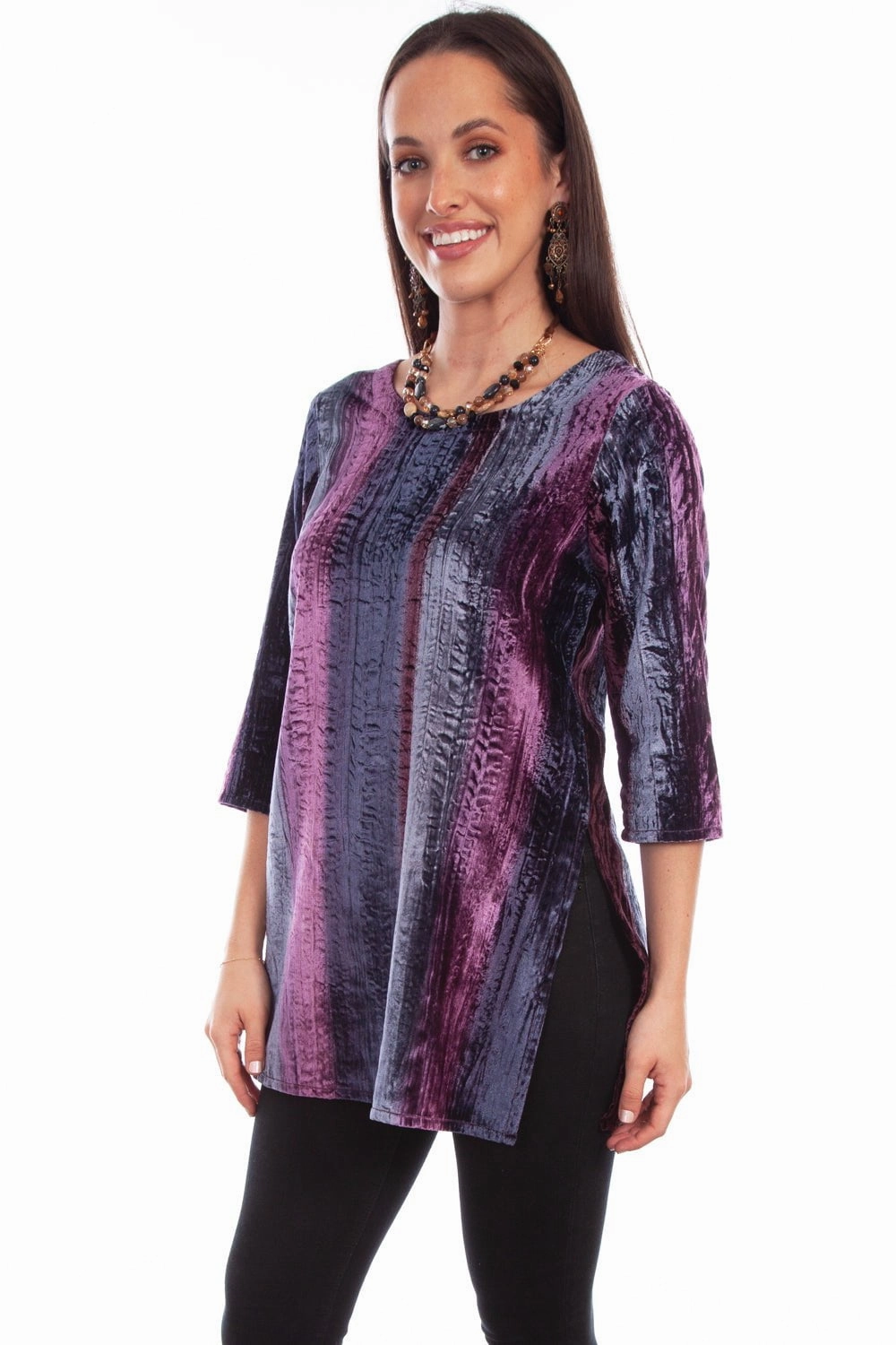 Scully Womens Vibrant Velvet Plum Nylon Viscose 3/4 Sleeve S/S Tunic Travel Friendly