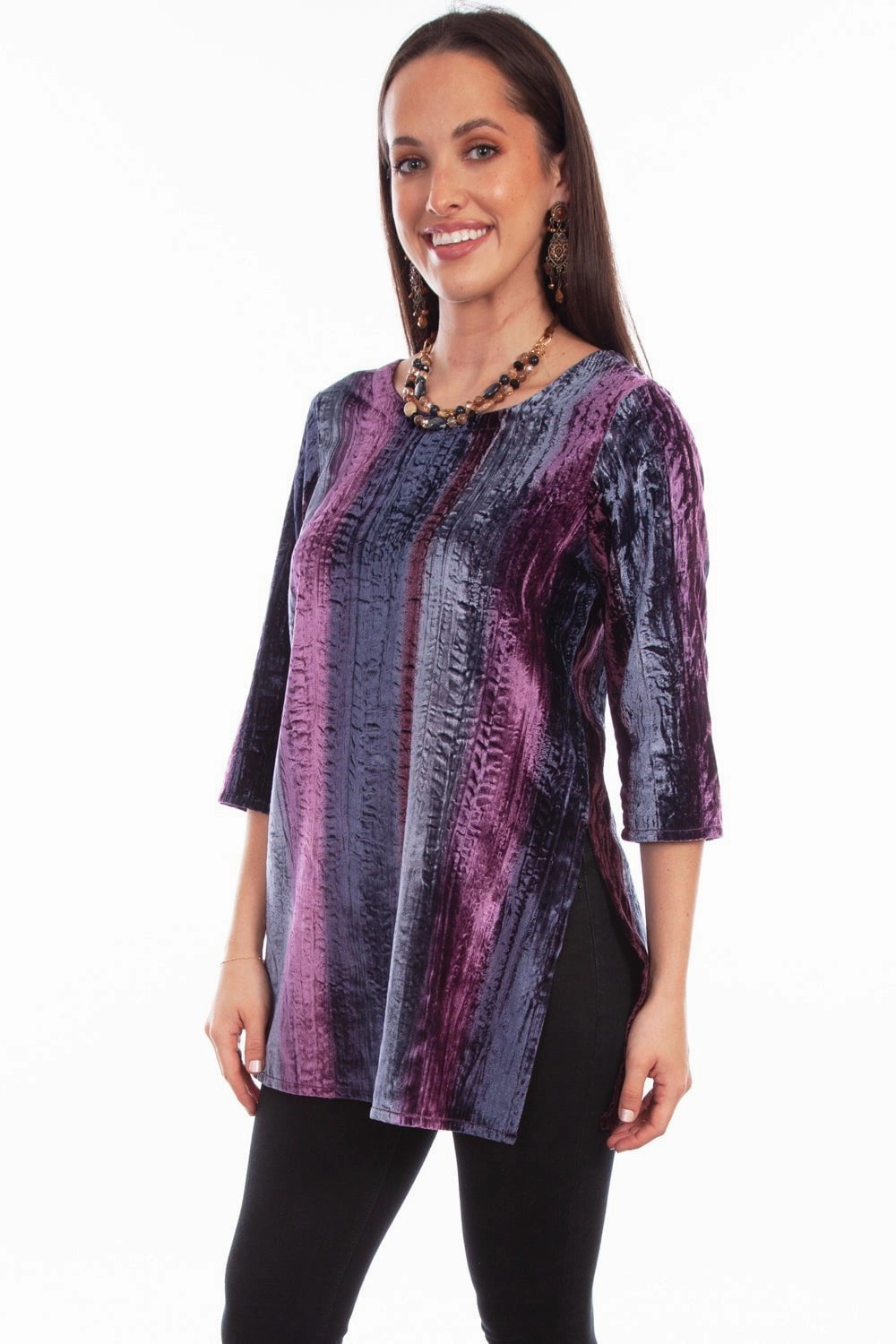 Scully Womens Vibrant Velvet Plum Nylon Viscose 3/4 Sleeve S/S Tunic Party Ready