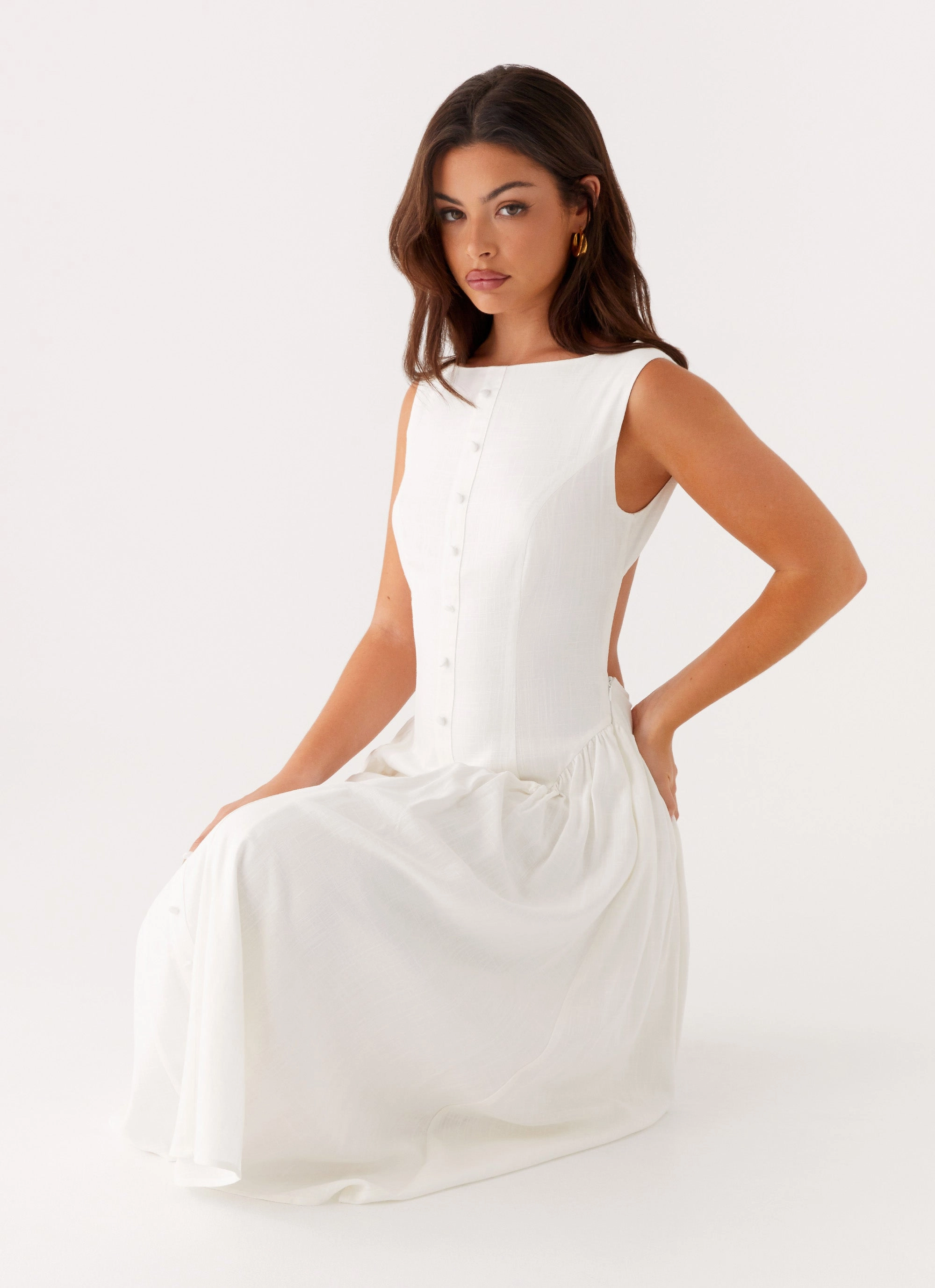 Maylah Midi Dress - White Eco Friendly Button Closure