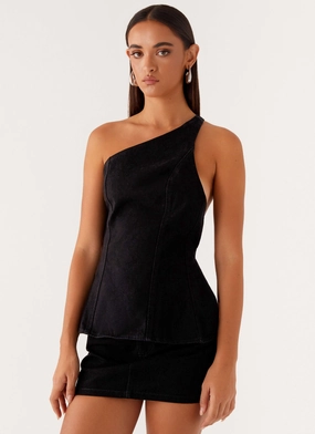 Wrinkle Resistant Textile Reinforced Neckline Detail Maysa Denim Top - Black