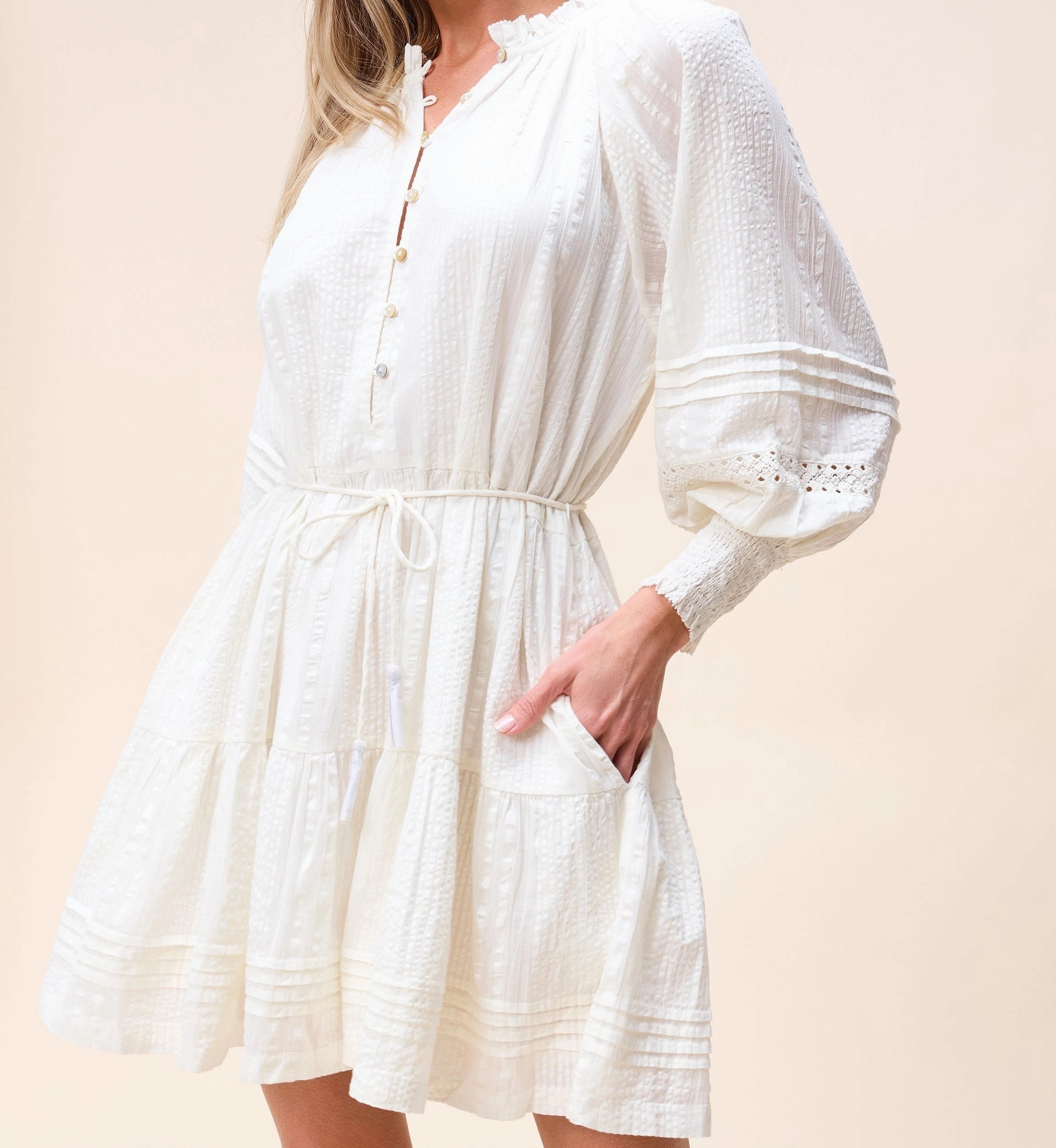 Meadow Mini Dress | Ivory Quilted-Texture